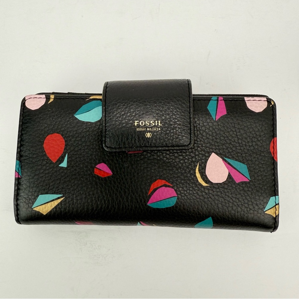 Fossil Black Multicolor Geometric Leather Sydney Tab Wallet